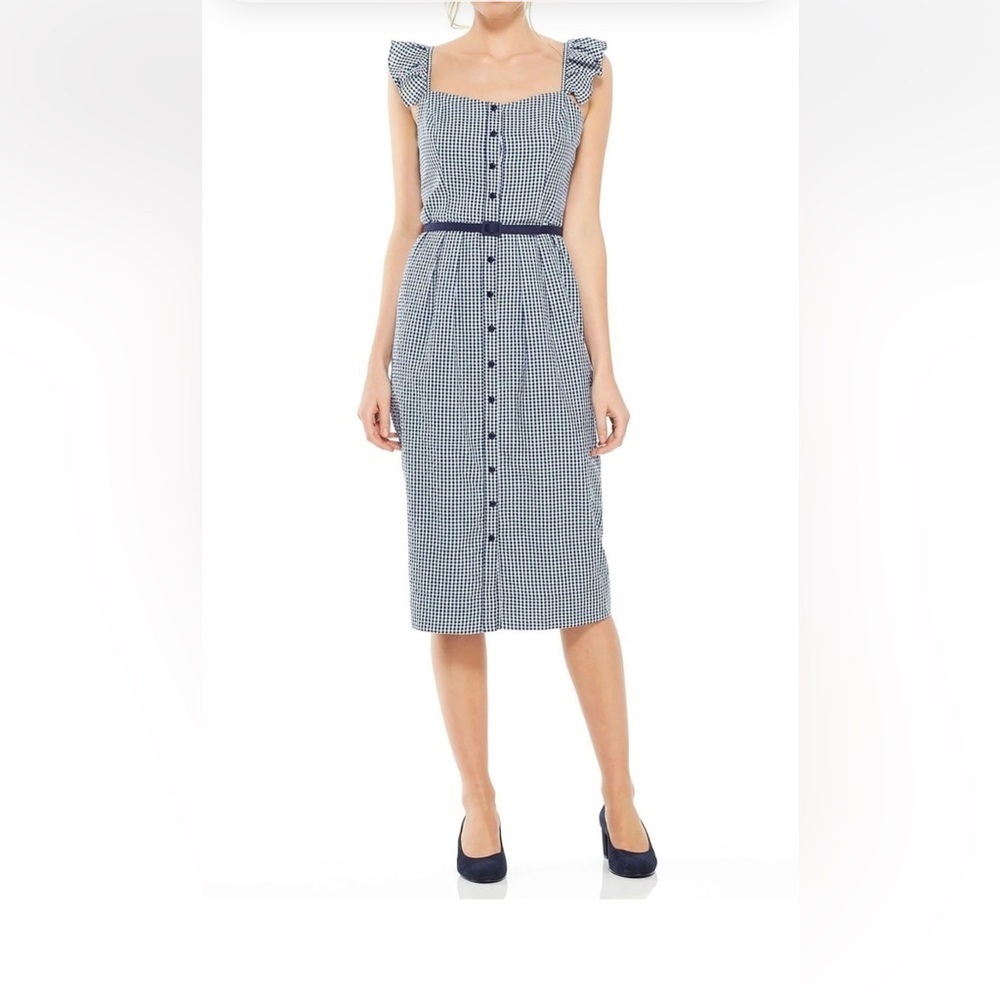 Gal Meets Glam Retro Blue Gingham Ruffle Carly Belted Sheath Midi Dress - Picture 4 of 8